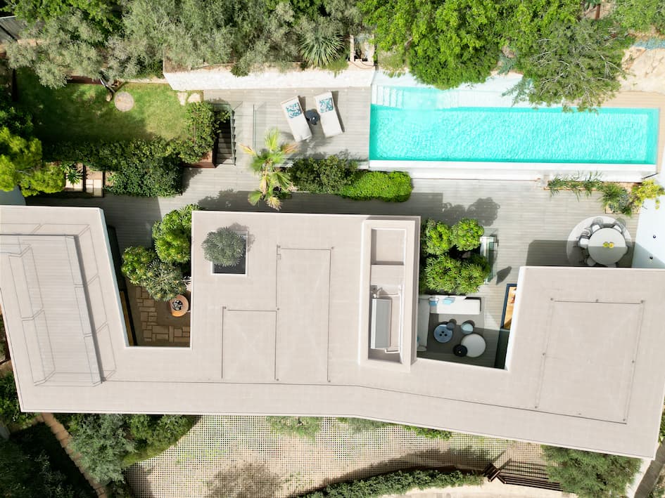 Luxusvilla in Bester Qualitat in Costa den Blanes Mallorca mit Blick auf Puerto Portals kaufen Panorama Anblick aus der Luft oben