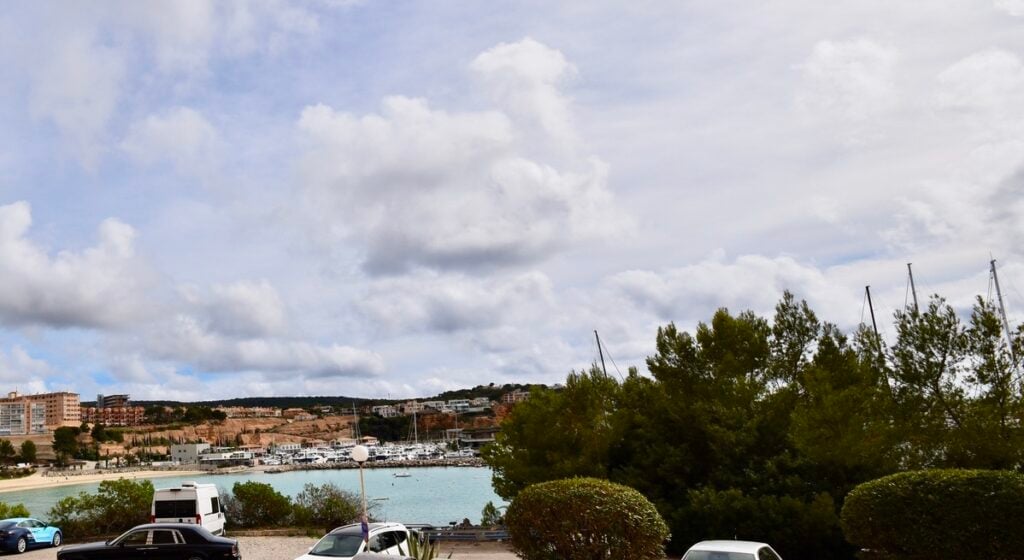 Bewölkter Himmel über einer Küstenbucht; im Vordergrund Büsche und Bäume, im Hintergrund Wasser und Uferlinie.