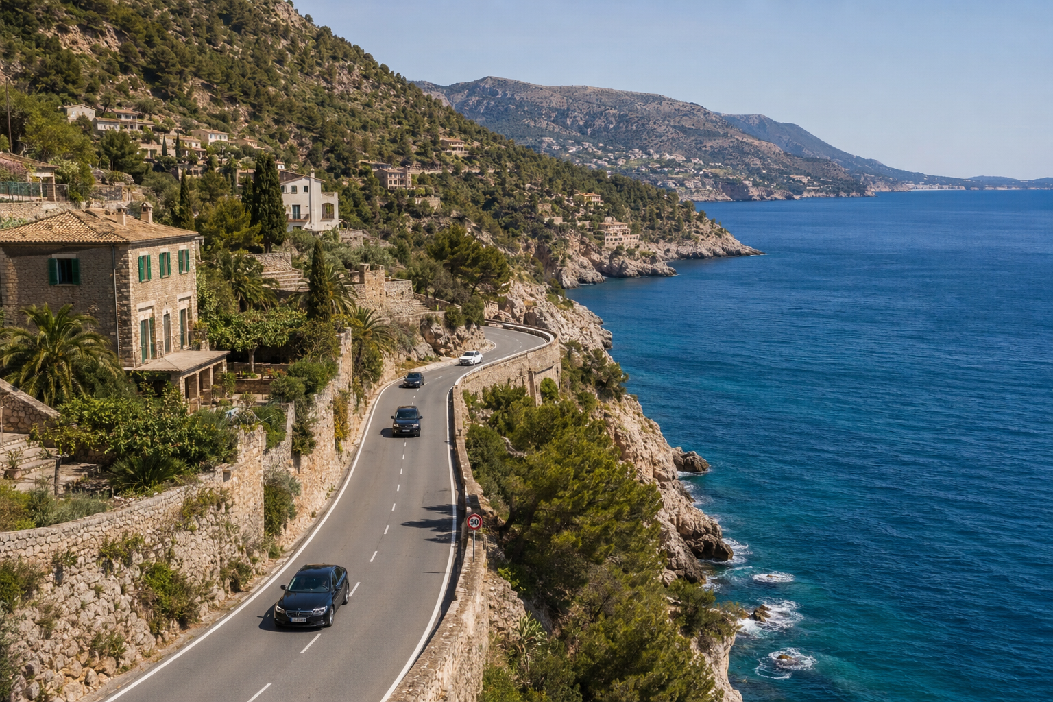 Die Straße von Vall de Mossa auf Mallorca mit Autos, die an dem Meer langfahren