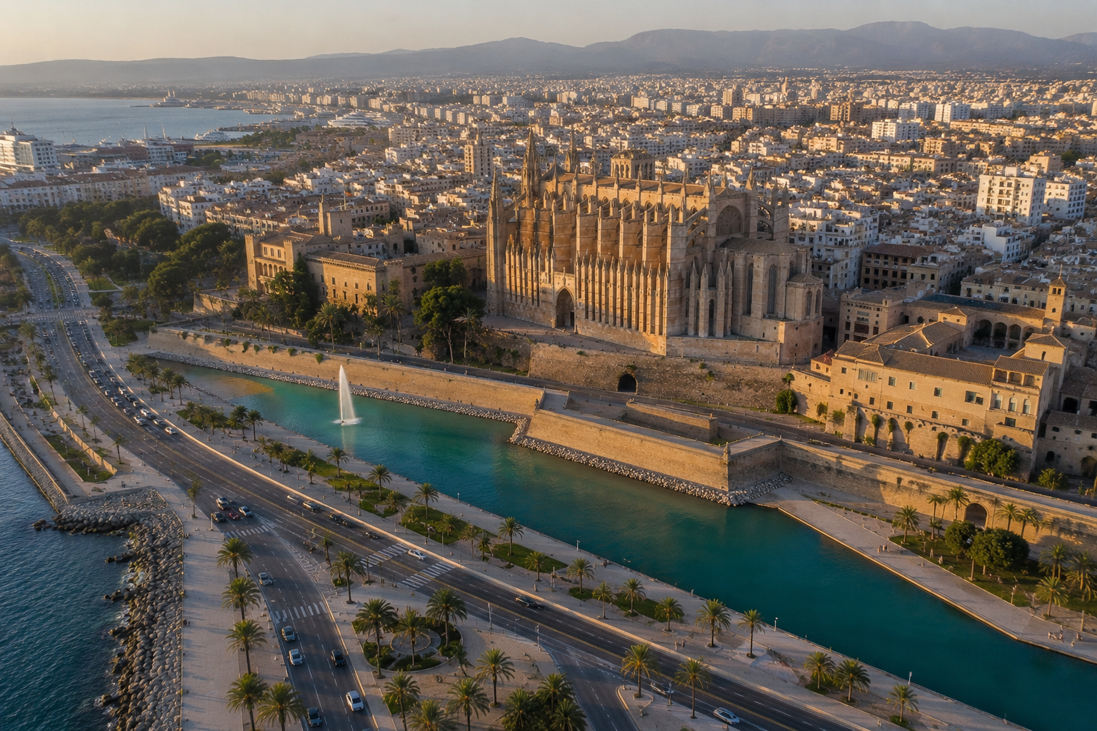 Kathedrale von Mallorca Dronenshot mit Autos