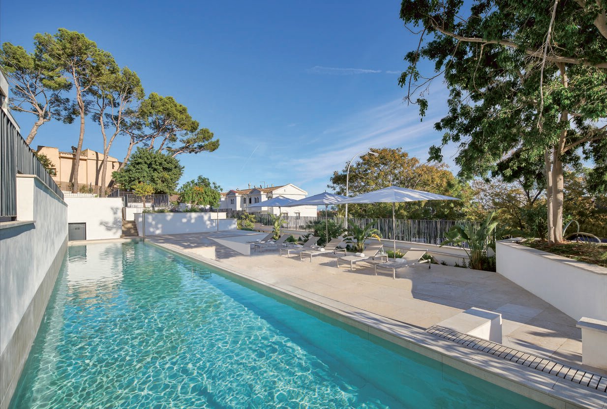 Langer, schmaler Pool mit türkisfarbenem Wasser neben einer Sonnenterrasse mit Liegen und Schirmen; umgeben von Pinien unter blauem Himmel.