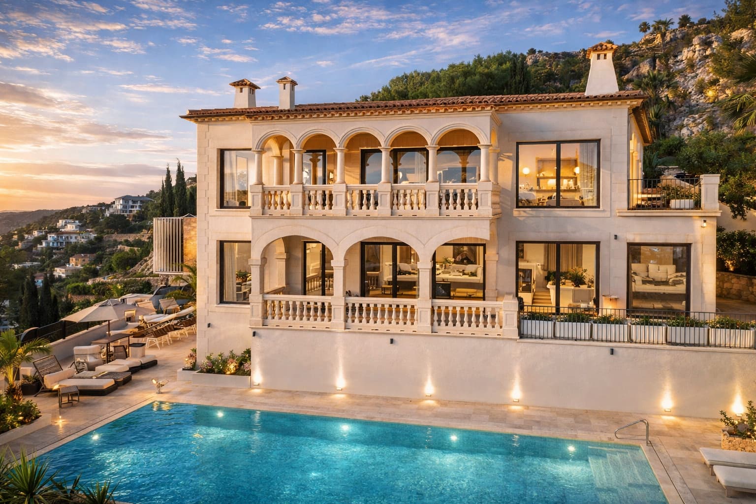 Villa de lujo de estilo mediterráneo en Son Vida, Mallorca, con vistas al mar, amplia terraza y jardín.