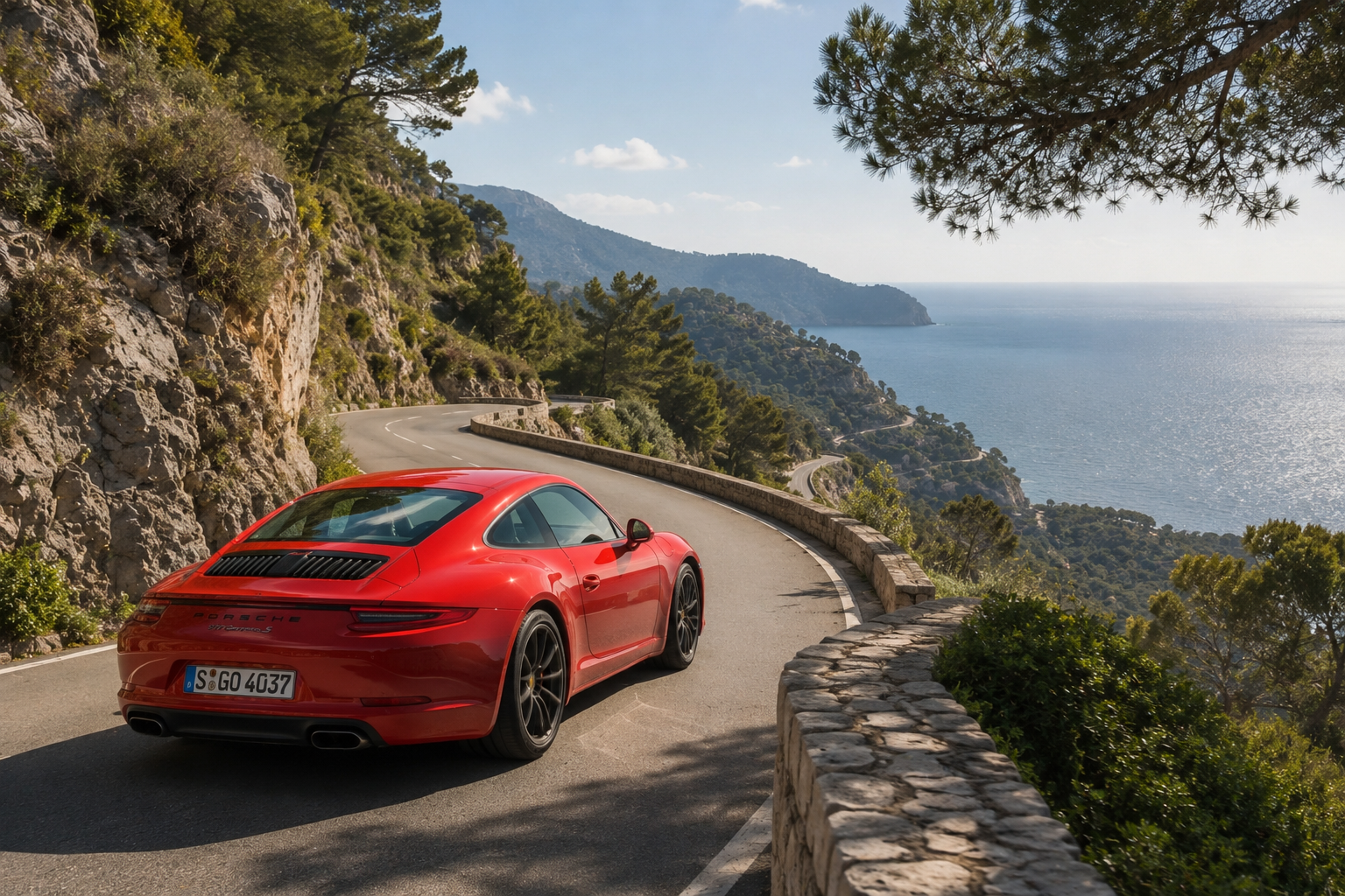Porsche 911er, rot, in den Bergen von Port Andrade auf Mallorca, mit Weitblick. Bild