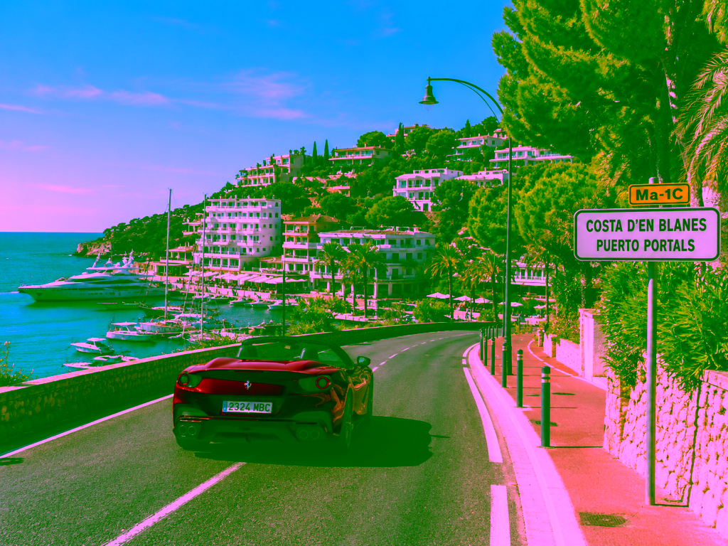 Street in Mallorca with car, traffic sign and Mediterranean landscape in the background 1