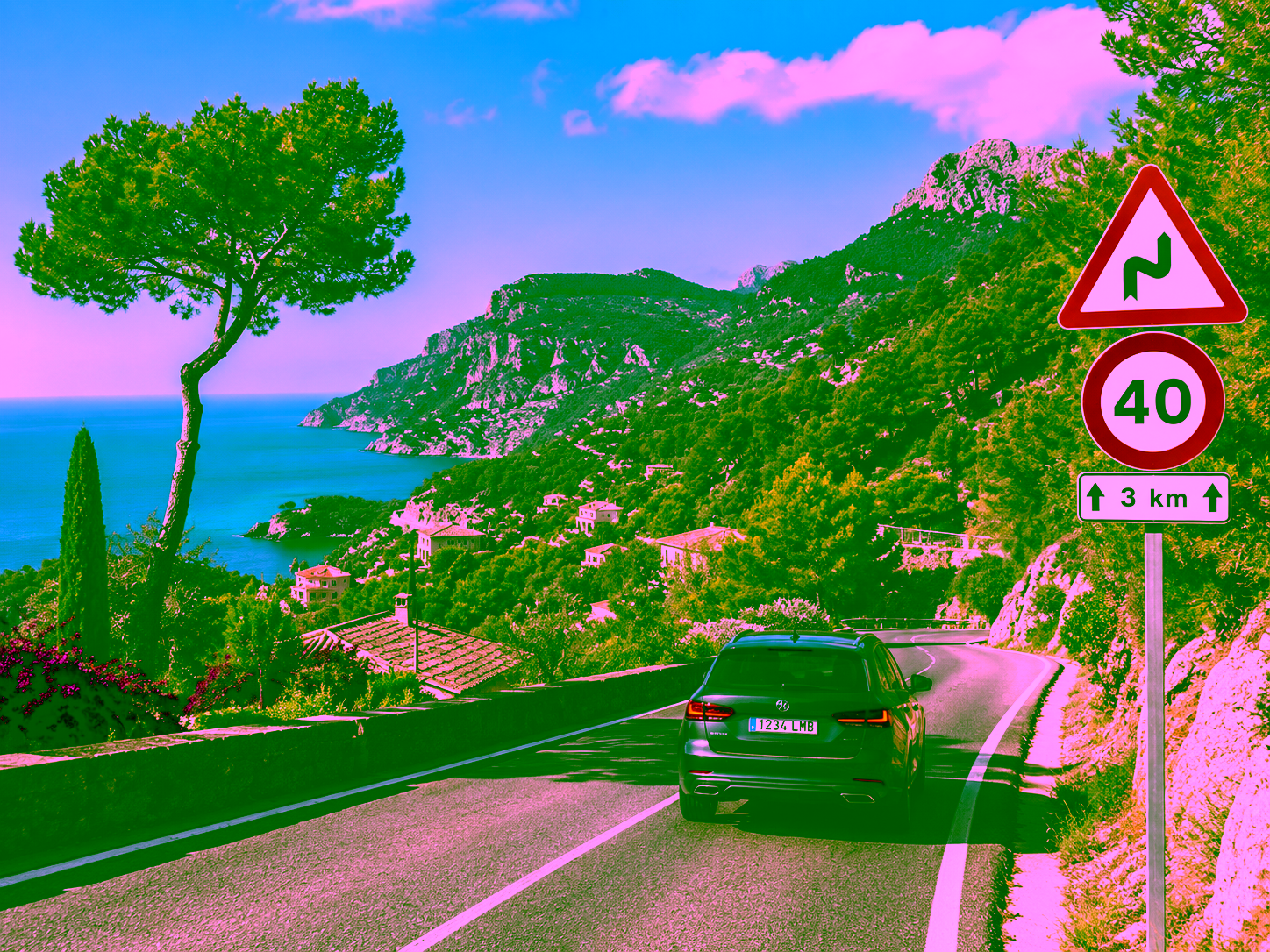 Street in Mallorca with car, traffic sign and Mediterranean landscape in the background 3