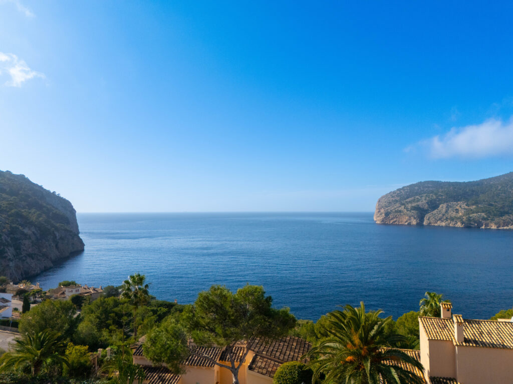 Vista panorámica de una bahía mediterránea con mar azul profundo, acantilados rocosos y casas dispersas entre palmeras y pinos.